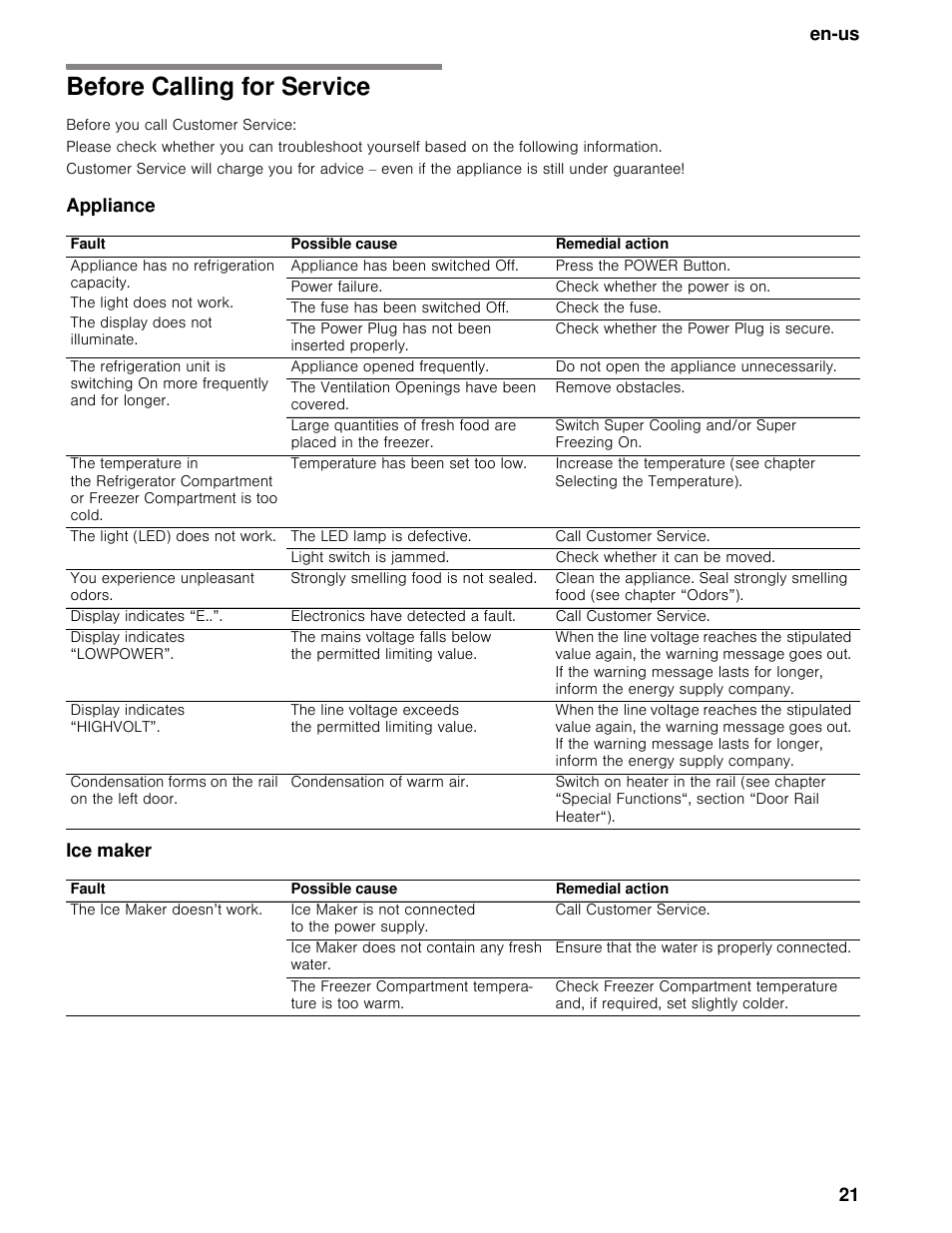 Before calling for service, Before you call customer service, Appliance | Ice maker, En-us 21, Appliance ice maker | Bosch B30BB830SS User Manual | Page 21 / 74