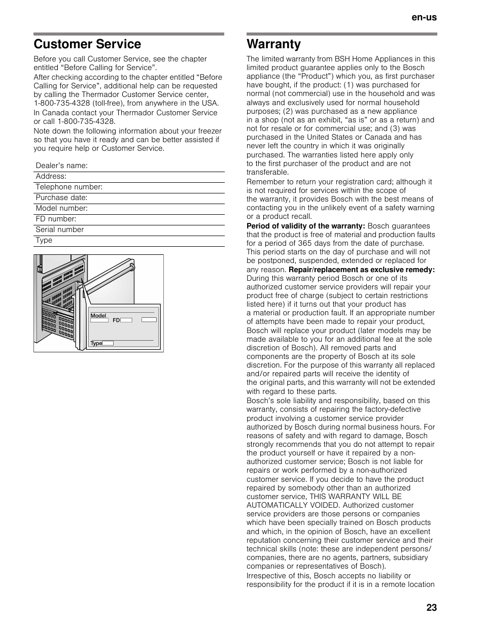 Customer service, Warranty, En-us 23 | Bosch B30BB830SS User Manual | Page 23 / 74