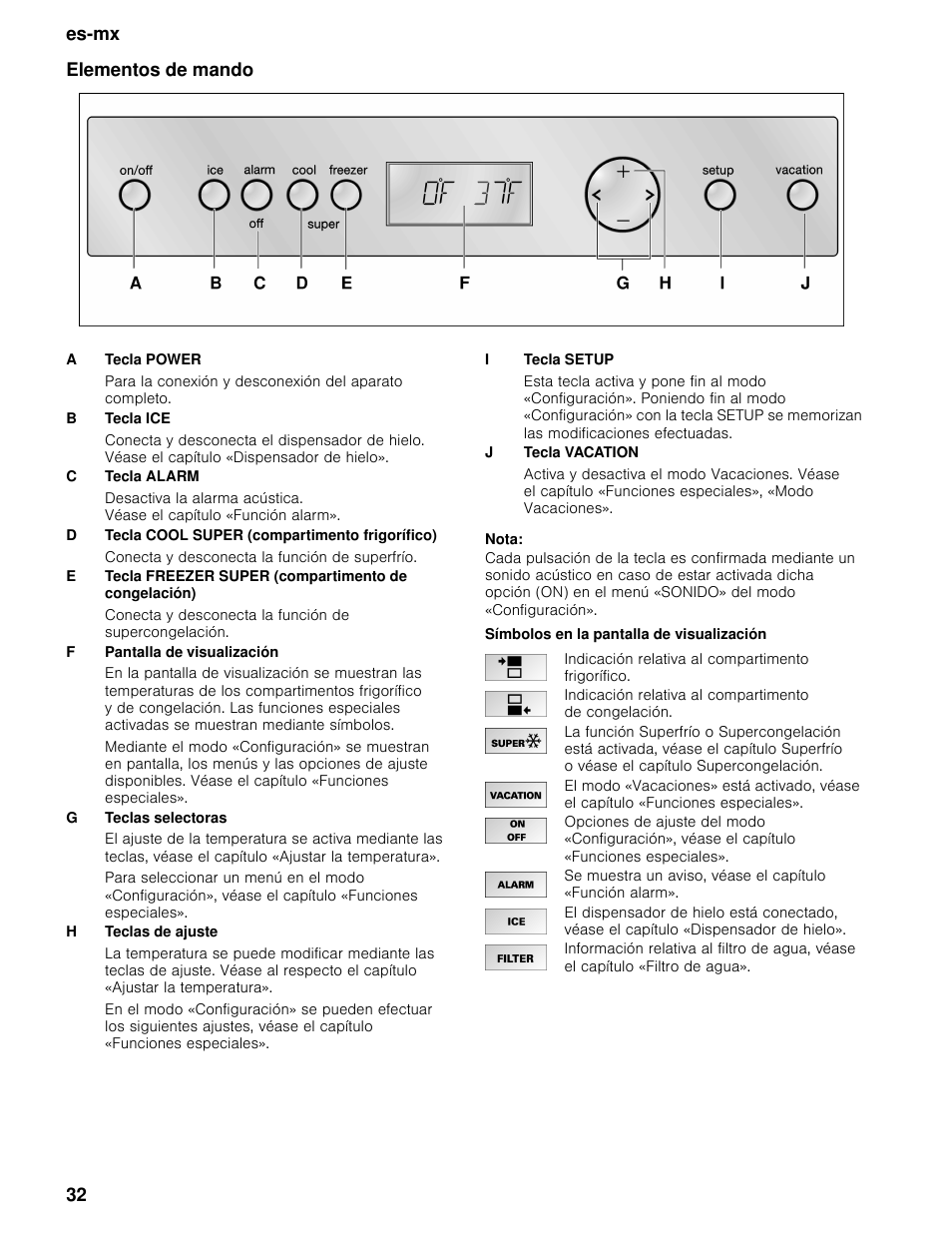 Elementos de mando, Nota, Símbolos en la pantalla de visualización | Es-mx 32 elementos de mando | Bosch B30BB830SS User Manual | Page 32 / 74