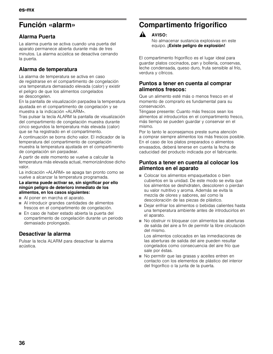 Función «alarm, Alarma puerta, Alarma de temperatura | Desactivar la alarma, Compartimento frigorífico, Aviso, Es-mx 36 | Bosch B30BB830SS User Manual | Page 36 / 74