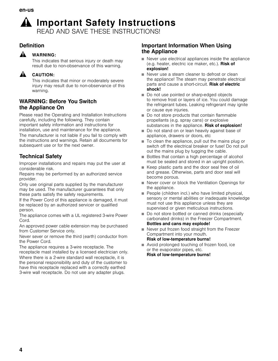 Important safety instructions, Definition, Warning | Caution, Warning: before you switch the appliance on, Technical safety, Important information when using the appliance, Read and save these instructions, En-us 4 | Bosch B30BB830SS User Manual | Page 4 / 74