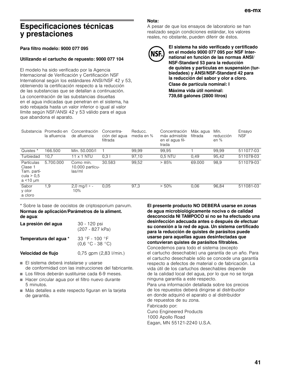 Especificaciones técnicas y prestaciones, Para filtro modelo: 9000 077 095, Utilizando el cartucho de repuesto: 9000 077 104 | Nota, Sobre la base de oocistos de criptosporium parvum, Fabricado por, Cuno engineered products, 1000 apollo road, Eagan, mn 55121-2240 u.s.a, Es-mx 41 | Bosch B30BB830SS User Manual | Page 41 / 74