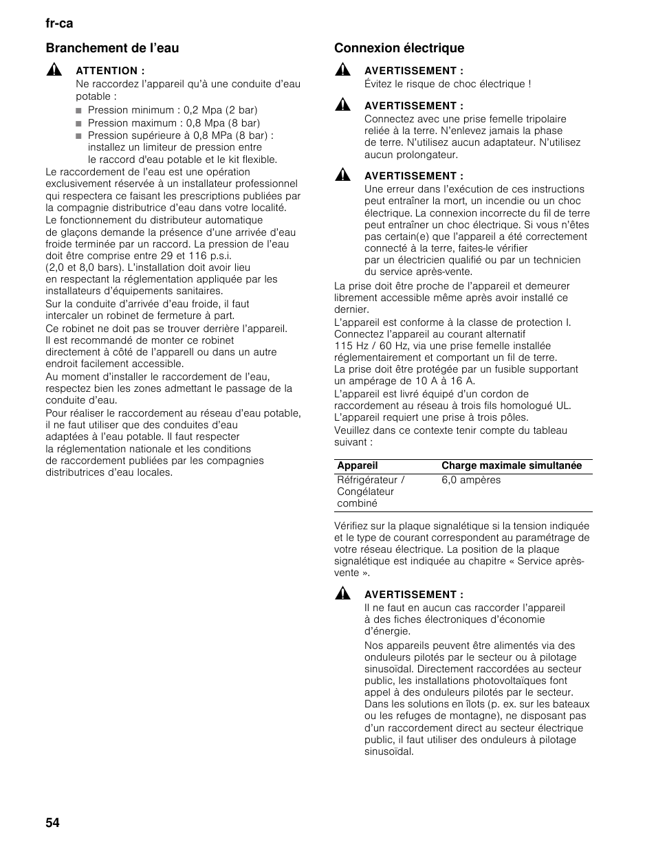Branchement de l’eau, Attention, Connexion électrique | Avertissement, Évitez le risque de choc électrique, Fr-ca 54 branchement de l’eau | Bosch B30BB830SS User Manual | Page 54 / 74