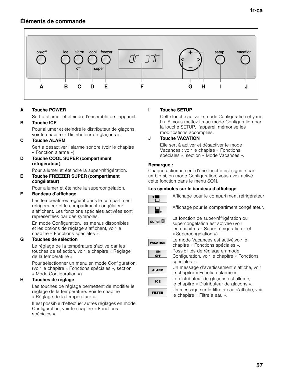 Éléments de commande, Remarque, Les symboles sur le bandeau d’affichage | Fr-ca 57 éléments de commande | Bosch B30BB830SS User Manual | Page 57 / 74