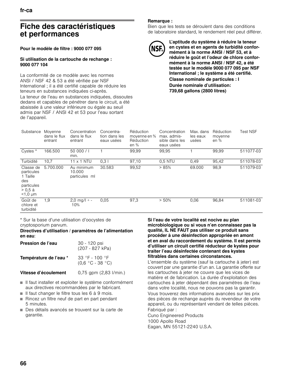 Fiche des caractéristiques et performances, Pour le modèle de filtre : 9000 077 095, Remarque | Fabriqué par, Cuno engineered products, 1000 apollo road, Eagan, mn 55121-2240 u.s.a, Fr-ca 66 | Bosch B30BB830SS User Manual | Page 66 / 74