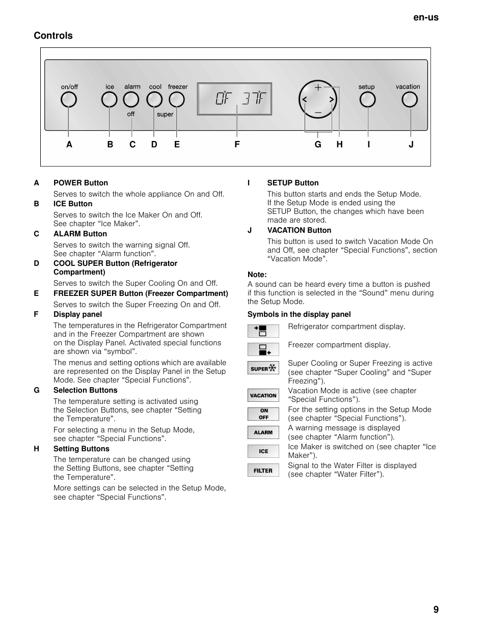 Controls, Note, Symbols in the display panel | En-us 9 controls | Bosch B30BB830SS User Manual | Page 9 / 74