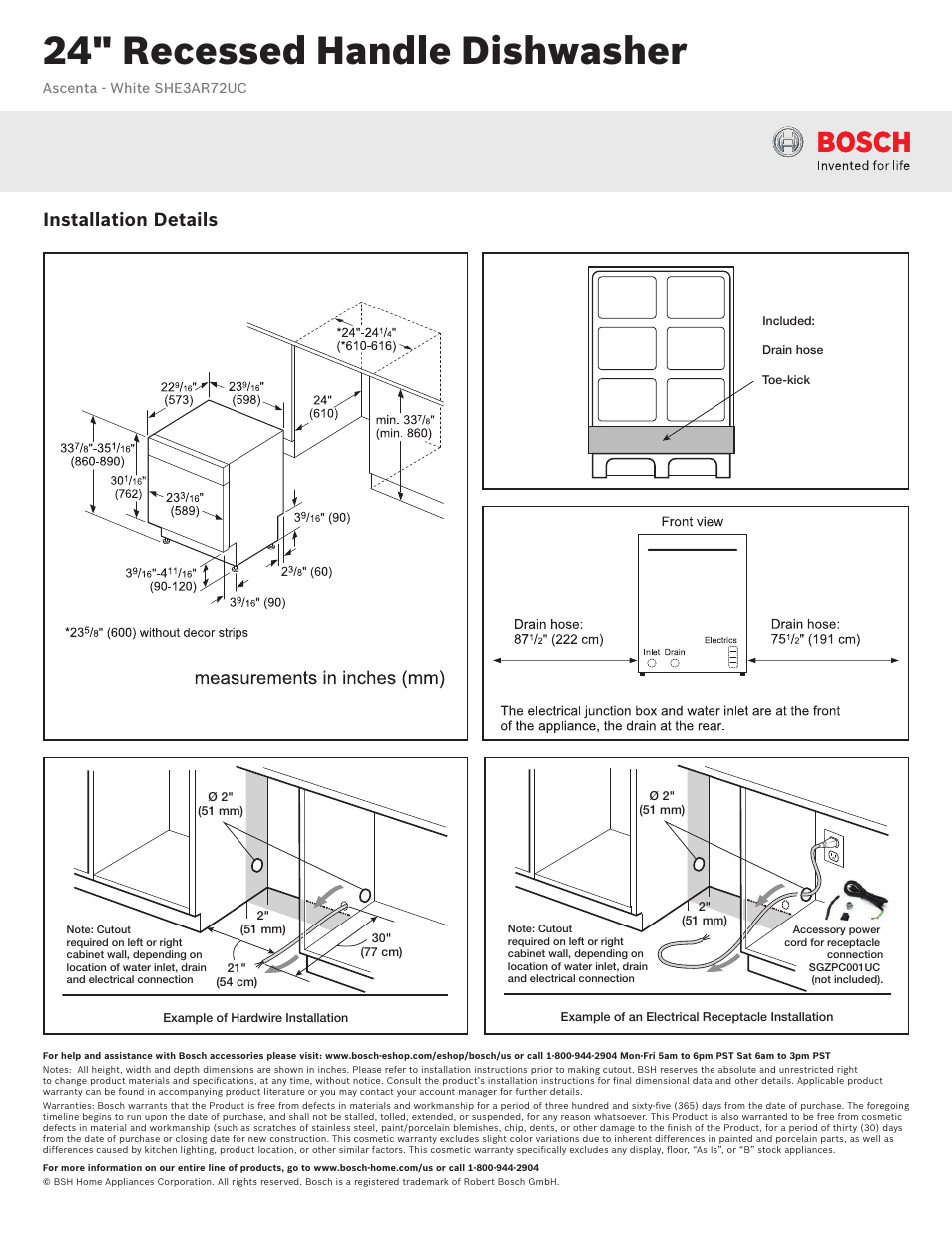 24" recessed handle dishwasher, Installation details | Bosch SHE3AR72UC User Manual | Page 2 / 3