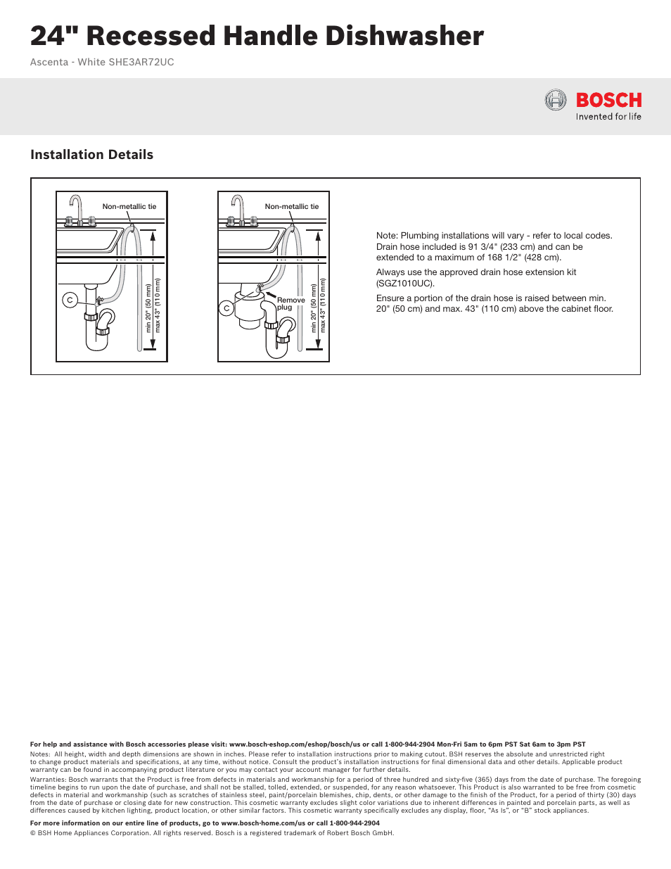 24" recessed handle dishwasher, Installation details | Bosch SHE3AR72UC User Manual | Page 3 / 3