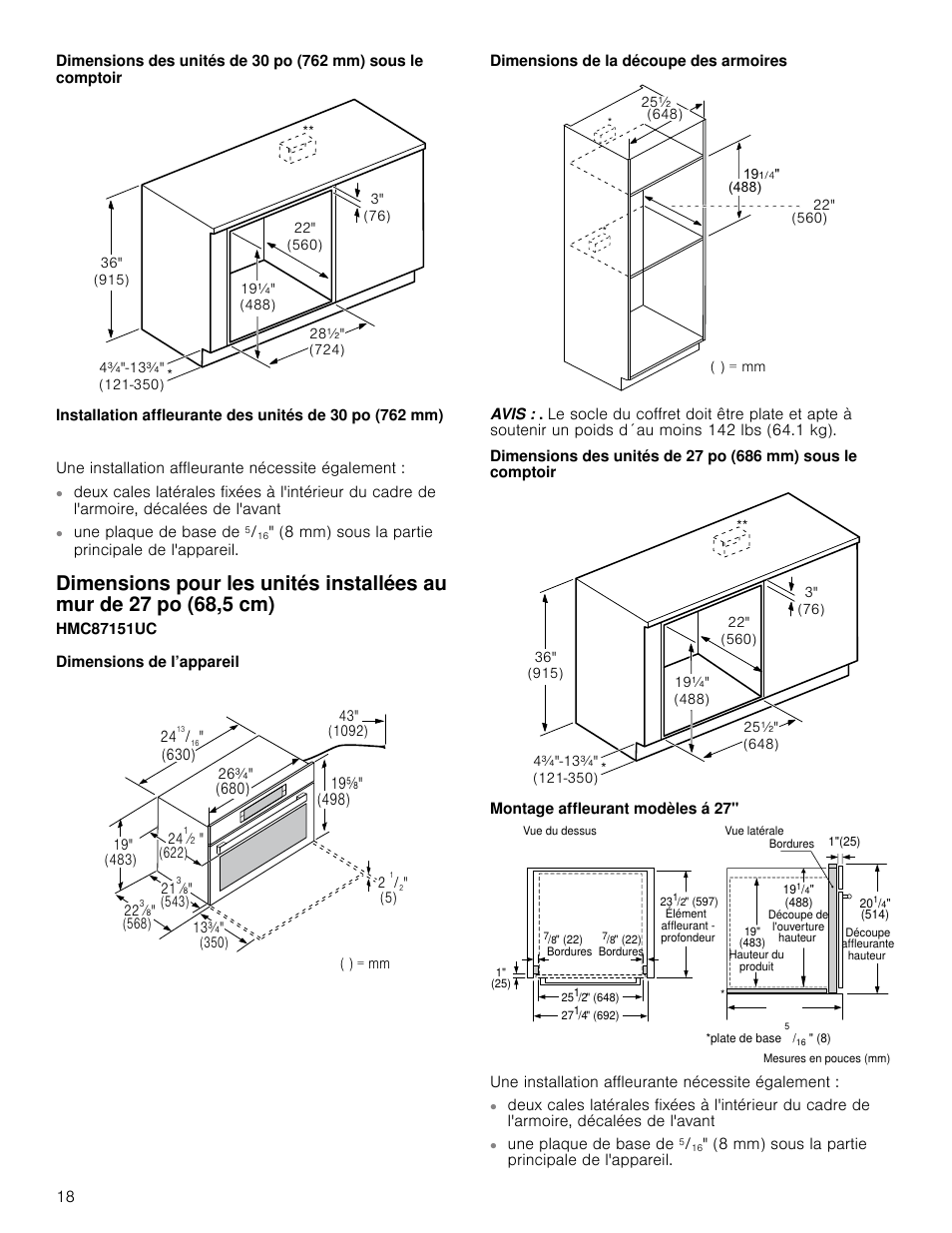 Dimensions de l’appareil, Dimensions de la découpe des armoires, Avis | Montage affleurant modèles á 27, 27 po (68,5 cm) | Bosch HMC80251UC User Manual | Page 18 / 32