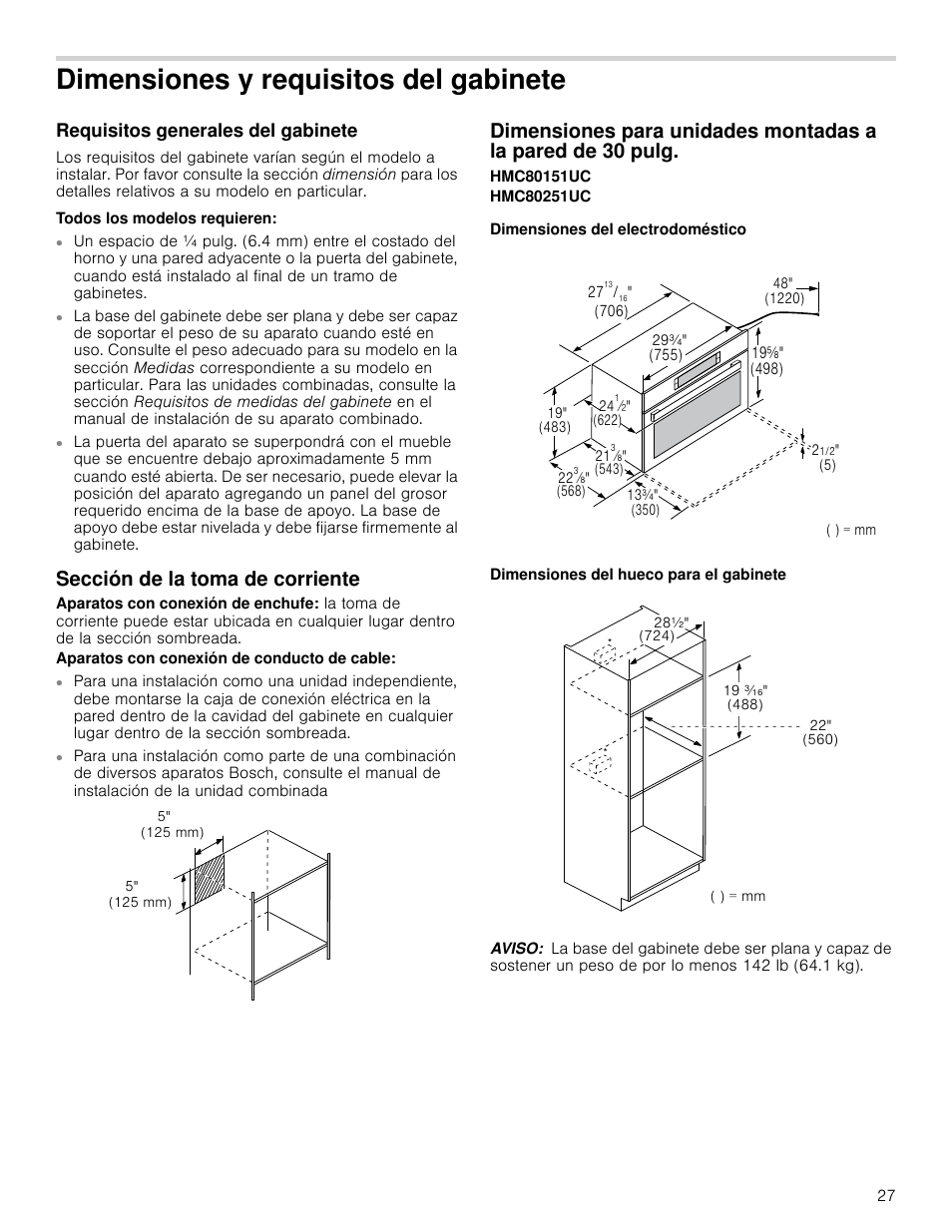 Dimensiones y requisitos del gabinete, Requisitos generales del gabinete, Todos los modelos requieren | Sección de la toma de corriente, Dimensiones del electrodoméstico, Dimensiones del hueco para el gabinete, Aviso, De 30 pulg | Bosch HMC80251UC User Manual | Page 27 / 32