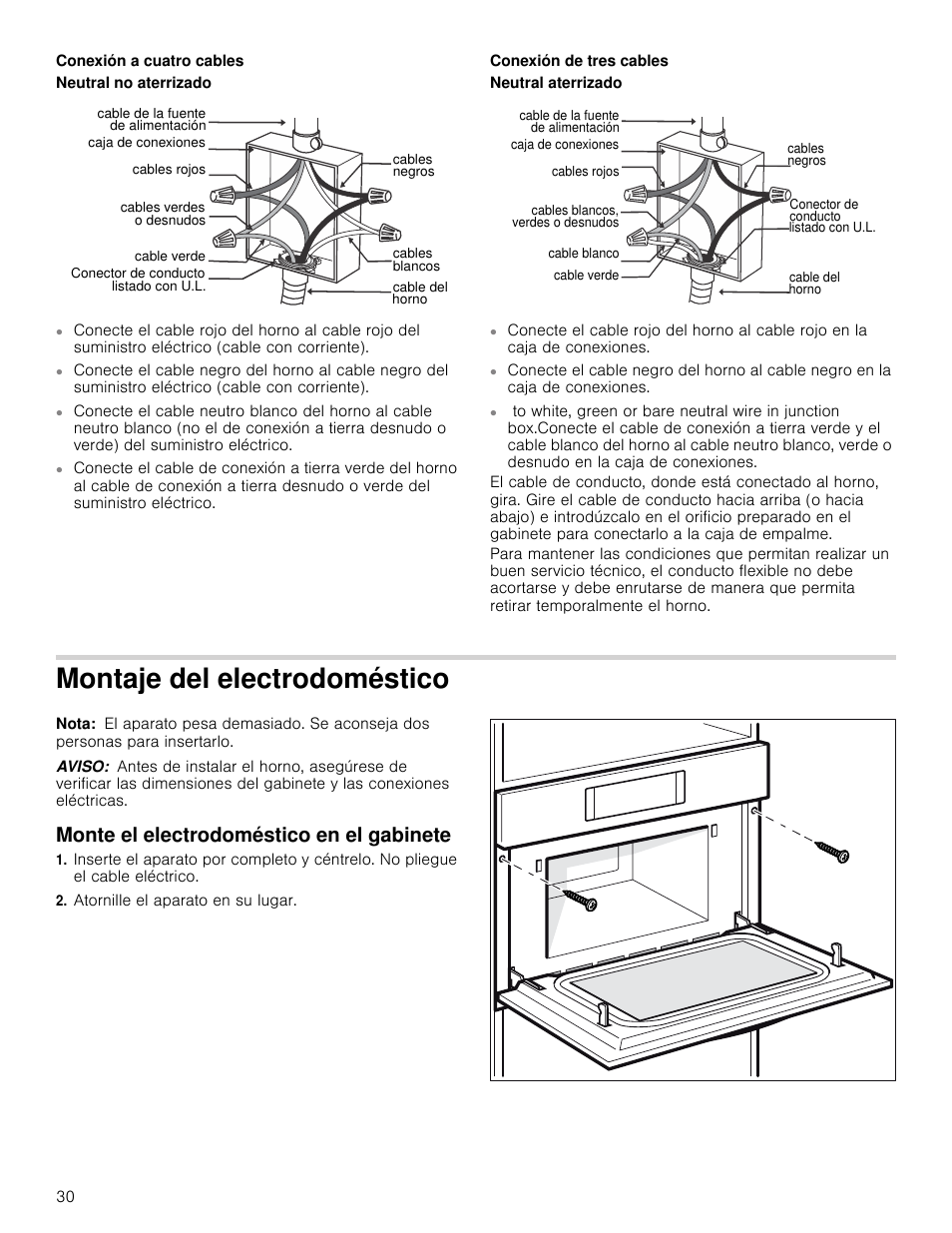 Conexión a cuatro cables, Conexión de tres cables, Montaje del electrodoméstico | Nota, Aviso, Monte el electrodoméstico en el gabinete, Atornille el aparato en su lugar | Bosch HMC80251UC User Manual | Page 30 / 32