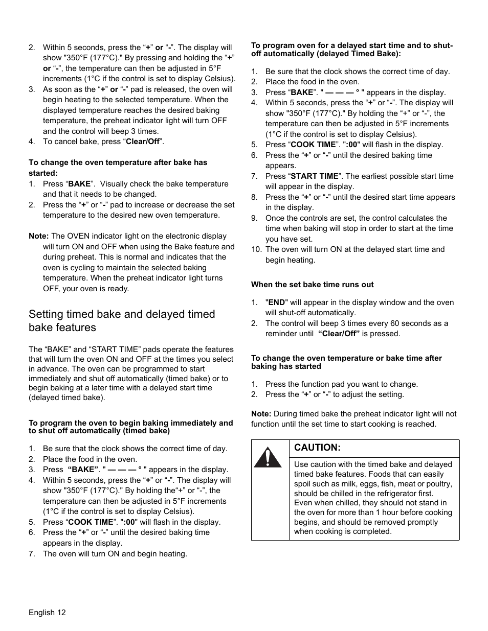 Setting timed bake and delayed timed bake features, When the set bake time runs out, Caution | Bosch HES3053U User Manual | Page 15 / 100