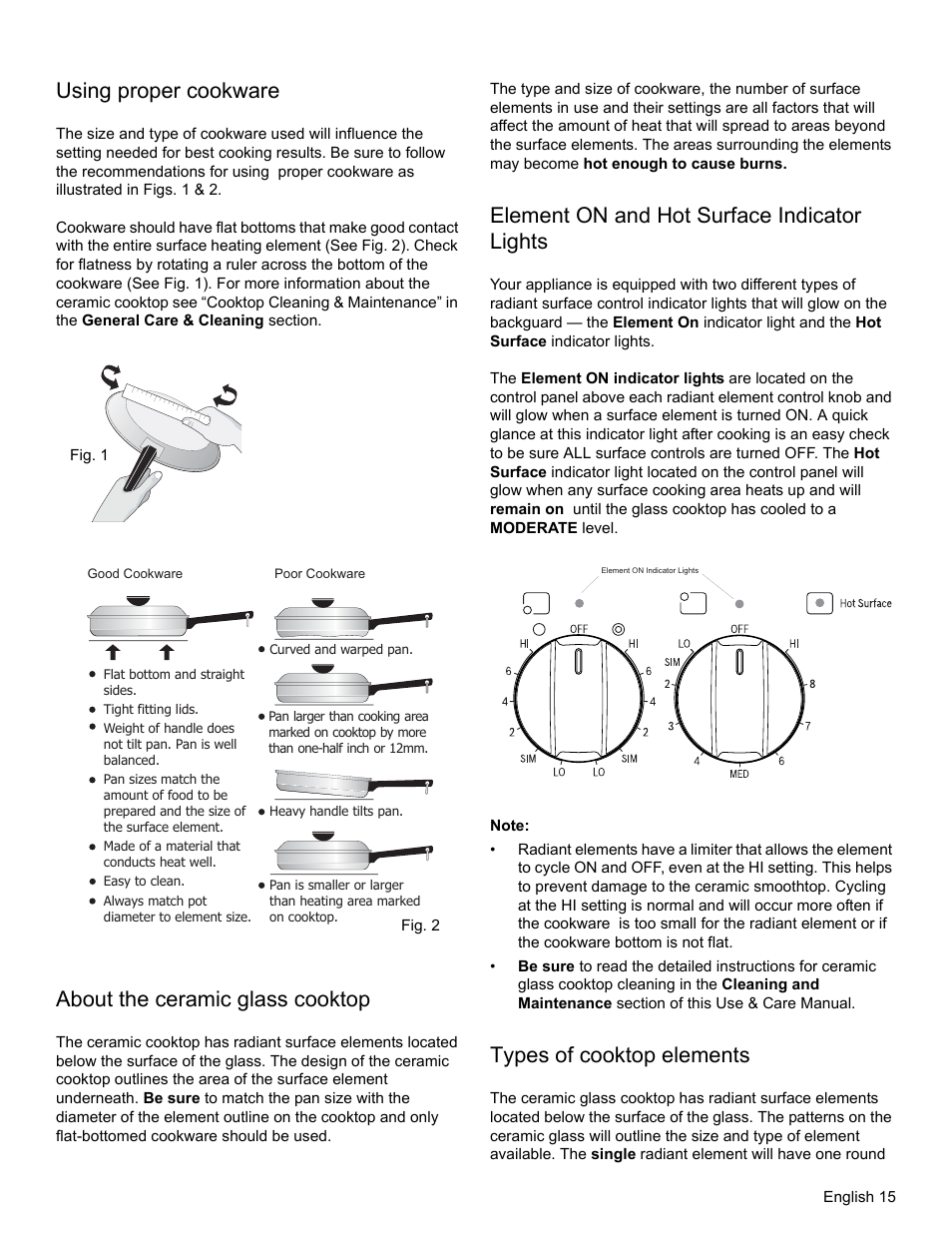 Using proper cookware, About the ceramic glass cooktop, Element on and hot surface indicator lights | Note, Types of cooktop elements | Bosch HES3053U User Manual | Page 18 / 100