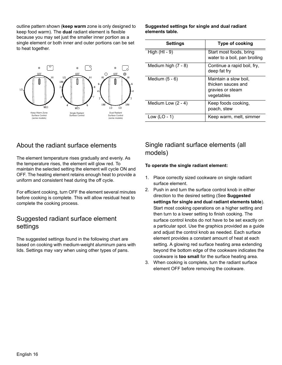 About the radiant surface elements, Suggested radiant surface element settings, Single radiant surface elements (all models) | Bosch HES3053U User Manual | Page 19 / 100