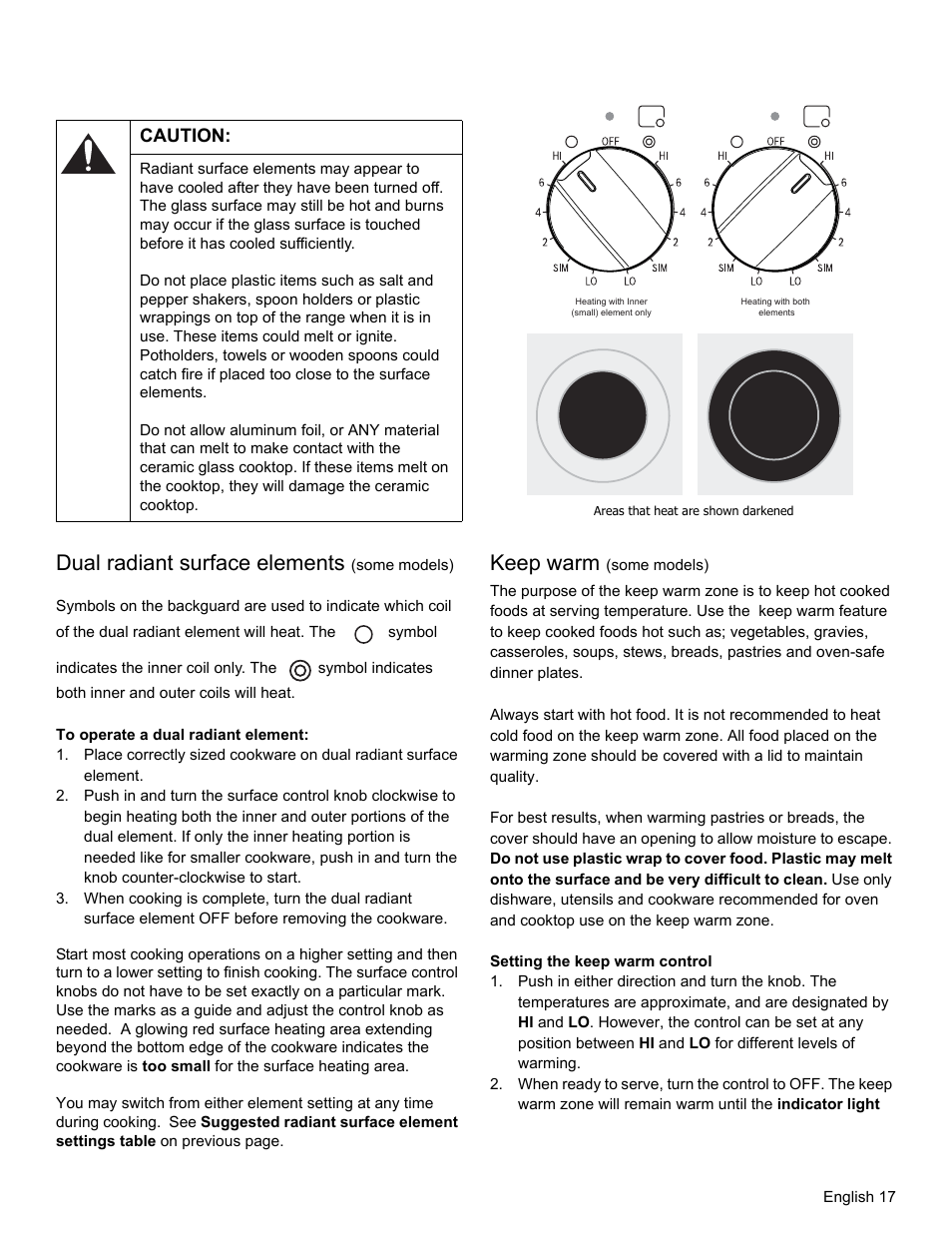 Caution, Dual radiant surface elements (some models), Keep warm (some models) | Dual radiant surface elements, Keep warm | Bosch HES3053U User Manual | Page 20 / 100