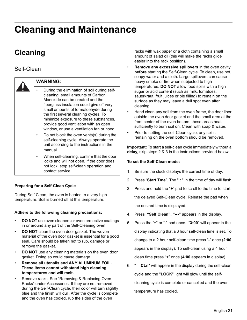 Cleaning and maintenance, Cleaning, Self-clean | Warning, Preparing for a self-clean cycle, Adhere to the following cleaning precautions, To set the self-clean mode | Bosch HES3053U User Manual | Page 24 / 100