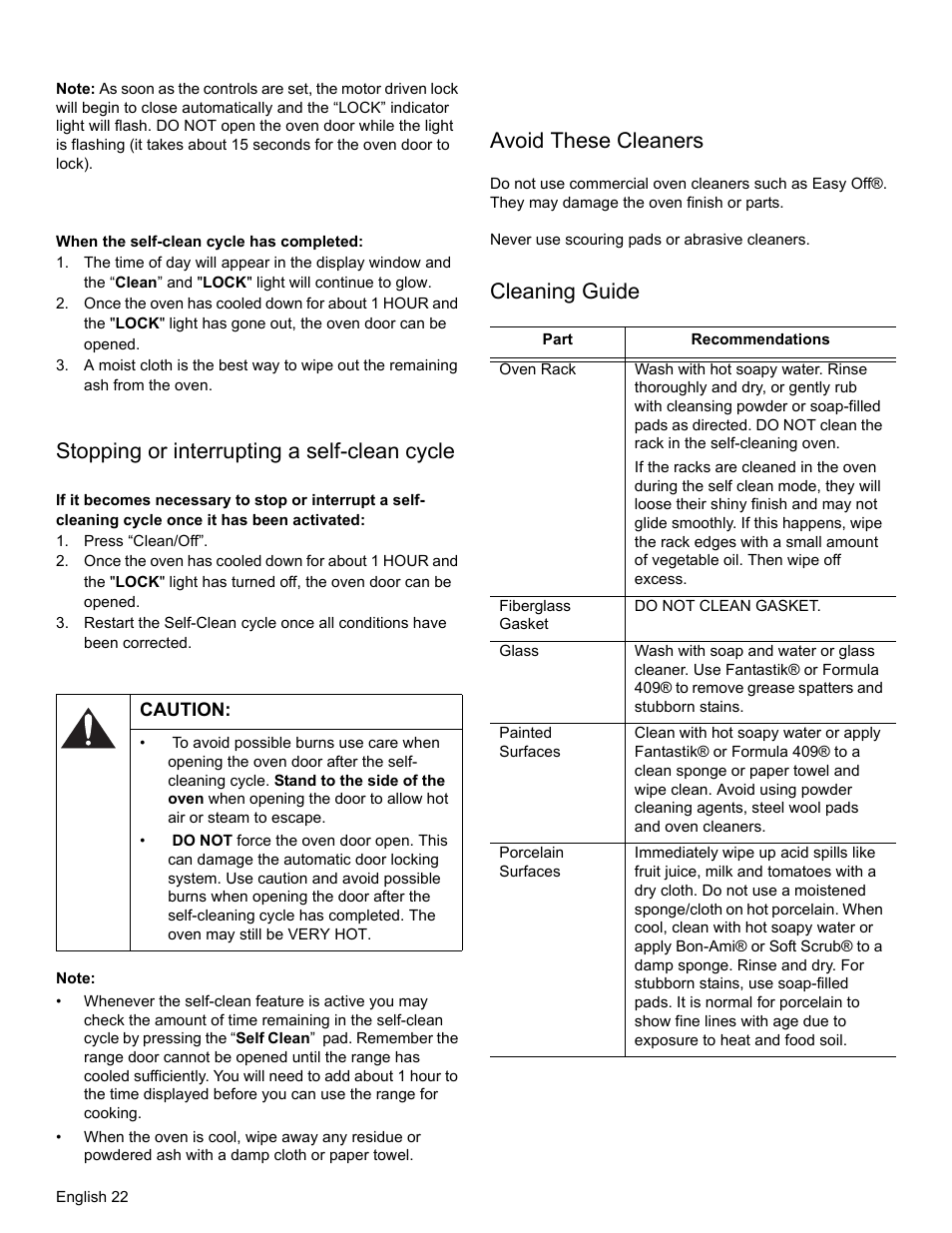 Stopping or interrupting a self-clean cycle, Caution, Note | Avoid these cleaners, Cleaning guide | Bosch HES3053U User Manual | Page 25 / 100