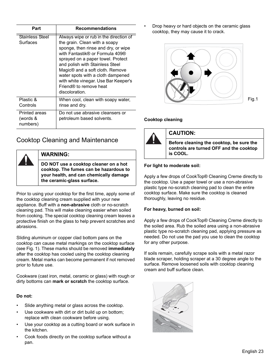 Cooktop cleaning and maintenance, Warning, Do not | Cooktop cleaning, Caution | Bosch HES3053U User Manual | Page 26 / 100