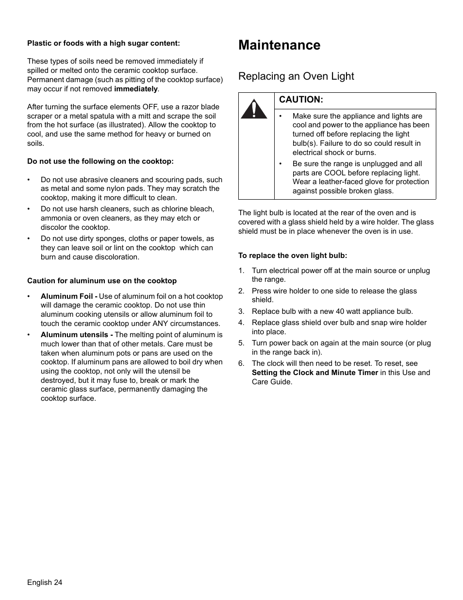 Caution for aluminum use on the cooktop, Maintenance, Replacing an oven light | Caution, To replace the oven light bulb, Replace bulb with a new 40 watt appliance bulb | Bosch HES3053U User Manual | Page 27 / 100