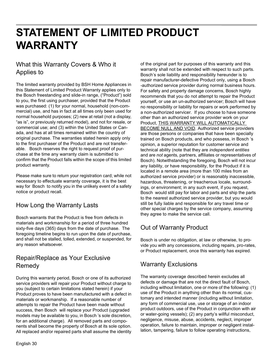 Statement of limited product warranty, What this warranty covers & who it applies to, How long the warranty lasts | Repair/replace as your exclusive remedy, Out of warranty product, Warranty exclusions | Bosch HES3053U User Manual | Page 33 / 100