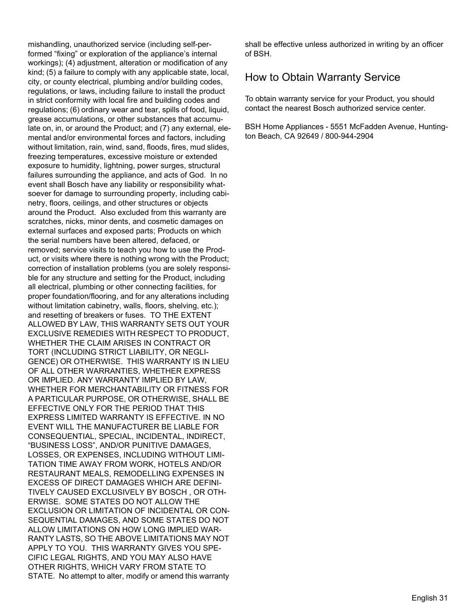 How to obtain warranty service | Bosch HES3053U User Manual | Page 34 / 100