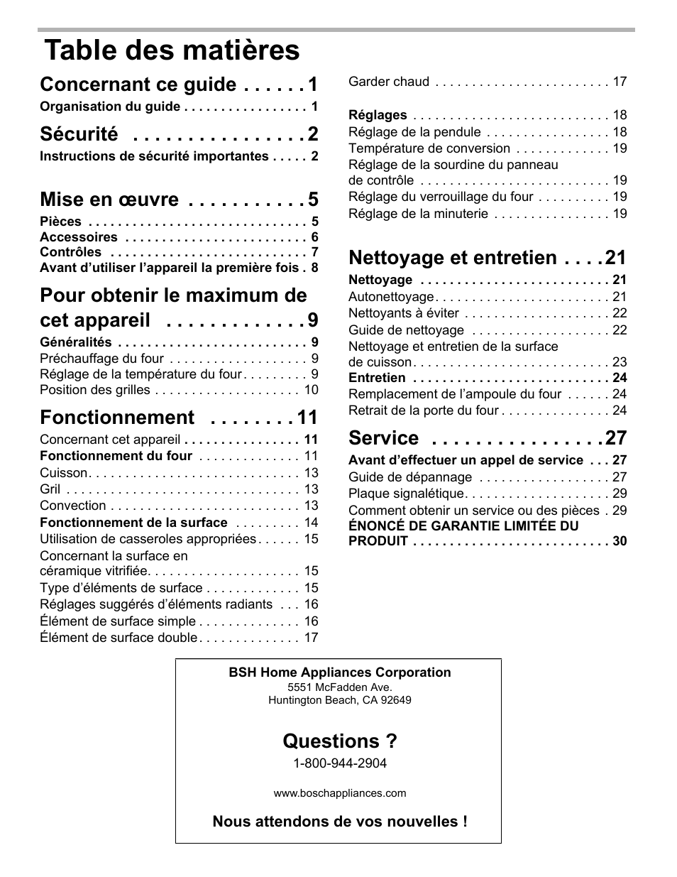 Concernant ce guide 1, Organisation du guide 1, Sécurité 2 | Instructions de sécurité importantes 2, Mise en œuvre 5, Pièces 5, Accessoires 6, Contrôles 7, Avant d’utiliser l’appareil la première fois 8, Pour obtenir le maximum de cet appareil 9 | Bosch HES3053U User Manual | Page 35 / 100