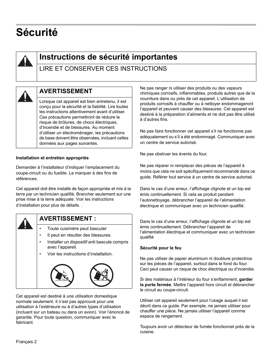 Sécurité, Instructions de sécurité importantes, Lire et conserver ces instructions | Avertissement, Installation et entretien appropriés, Lire et conserver ces instructions avertissement | Bosch HES3053U User Manual | Page 37 / 100