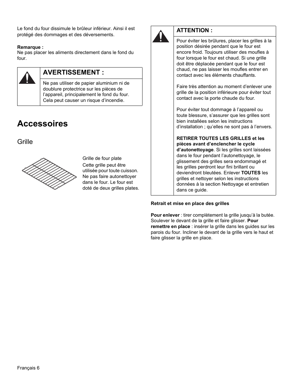 Avertissement, Accessoires, Attention | Grille | Bosch HES3053U User Manual | Page 41 / 100