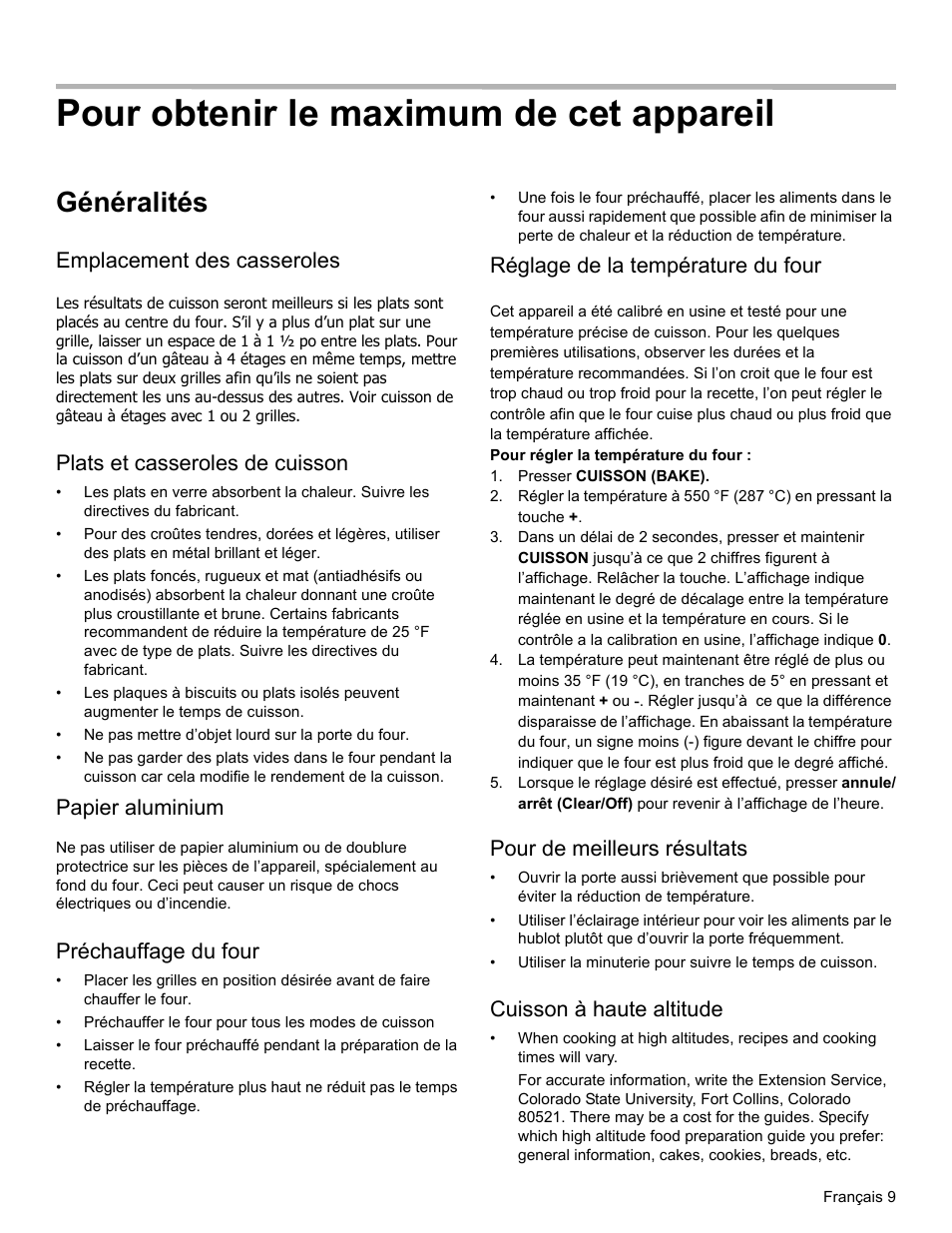 Pour obtenir le maximum de cet appareil, Généralités, Emplacement des casseroles | Plats et casseroles de cuisson, Préchauffage du four, Pour de meilleurs résultats, Cuisson à haute altitude, Papier aluminium, Réglage de la température du four | Bosch HES3053U User Manual | Page 44 / 100