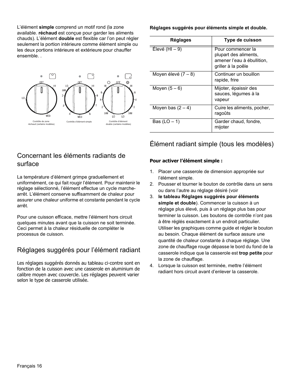 Concernant les éléments radiants de surface, Réglages suggérés pour l’élément radiant, Réglages suggérés pour éléments simple et double | Élément radiant simple (tous les modèles), Pour activer l’élément simple | Bosch HES3053U User Manual | Page 51 / 100