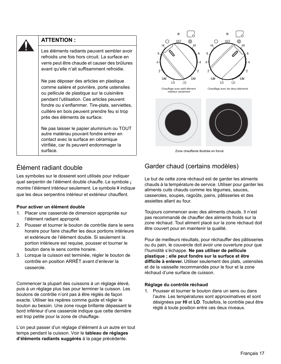 Attention, Élément radiant double, Garder chaud (certains modèles) | Bosch HES3053U User Manual | Page 52 / 100