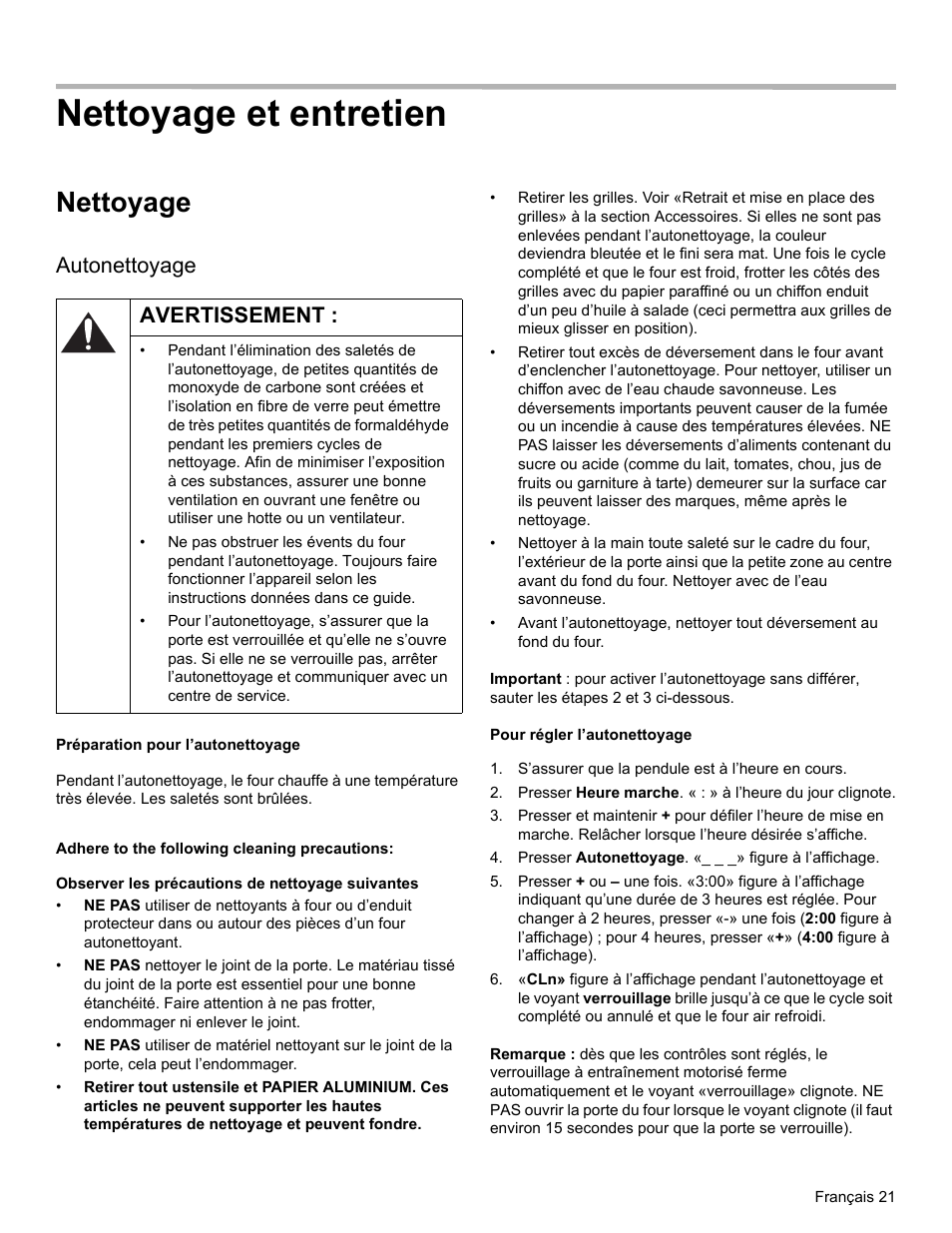 Nettoyage et entretien, Nettoyage, Autonettoyage | Avertissement, Adhere to the following cleaning precautions, Pour régler l’autonettoyage, S’assurer que la pendule est à l’heure en cours | Bosch HES3053U User Manual | Page 56 / 100