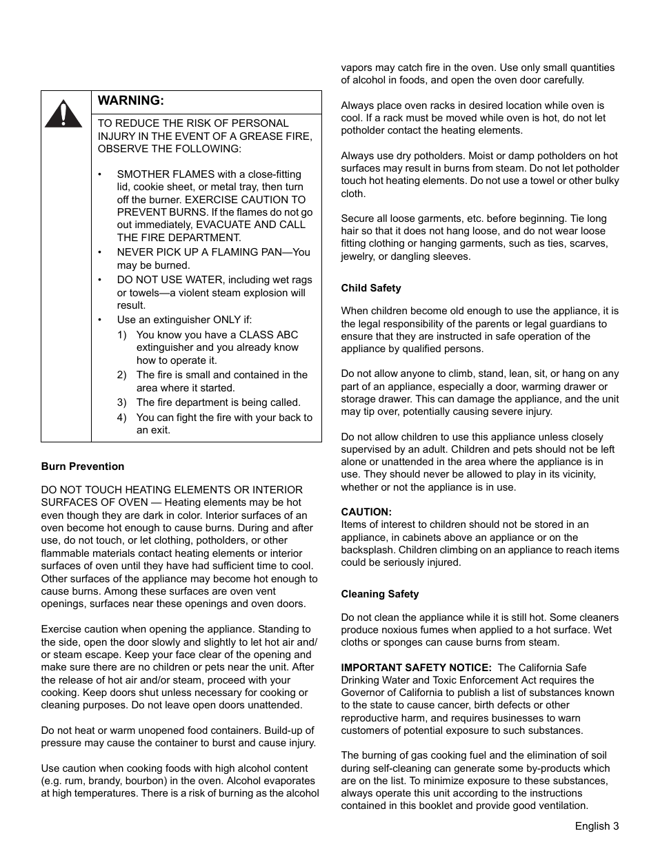 Warning, 3) the fire department is being called, Burn prevention | Child safety, Caution, Cleaning safety | Bosch HES3053U User Manual | Page 6 / 100