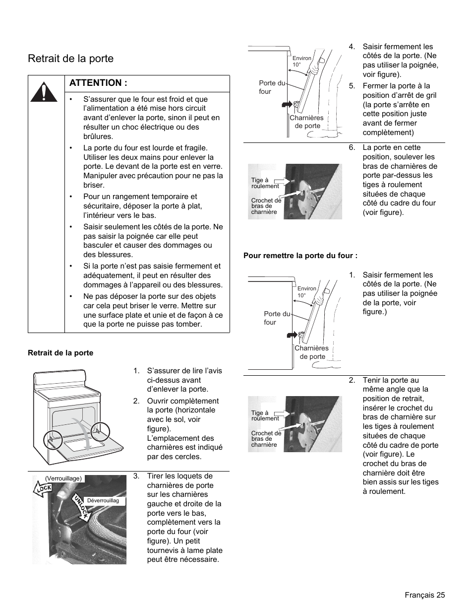 Retrait de la porte, Attention | Bosch HES3053U User Manual | Page 60 / 100