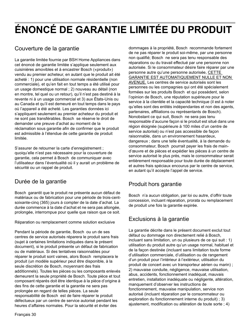 Énoncé de garantie limitée du produit, Couverture de la garantie, Durée de la garantie | Produit hors garantie, Exclusions à la garantie | Bosch HES3053U User Manual | Page 65 / 100