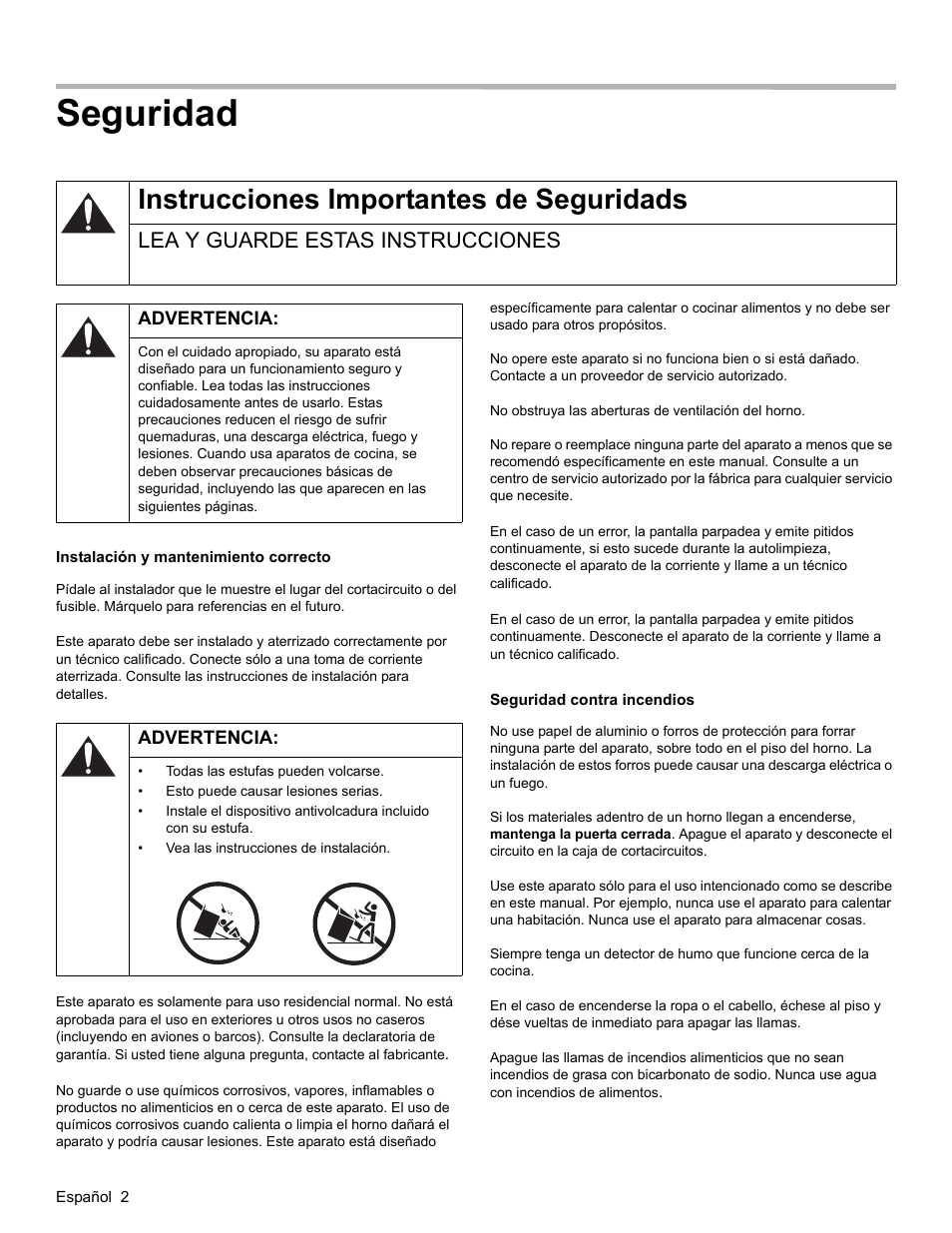 Seguridad, Instrucciones importantes de seguridads, Lea y guarde estas instrucciones | Advertencia, Instalación y mantenimiento correcto, Seguridad contra incendios | Bosch HES3053U User Manual | Page 70 / 100