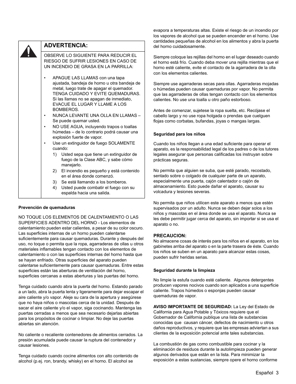 Advertencia, 3) se está llamando a los bomberos, Prevención de quemaduras | Seguridad para los niños, Precaucion, Seguridad durante la limpieza | Bosch HES3053U User Manual | Page 71 / 100