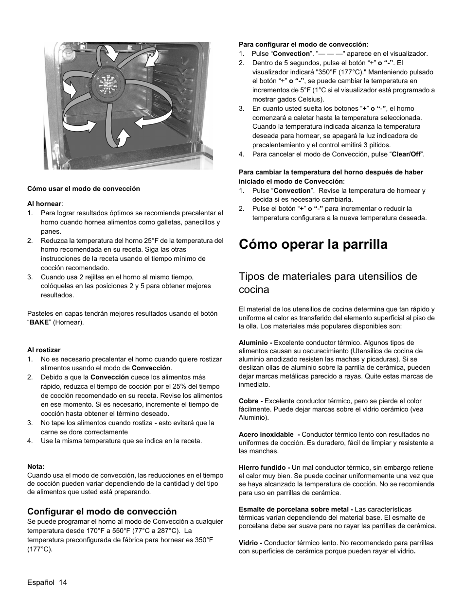 Cómo usar el modo de convección, Tipos de materiales para utensilios de cocina, Cómo operar la parrilla | Bosch HES3053U User Manual | Page 82 / 100