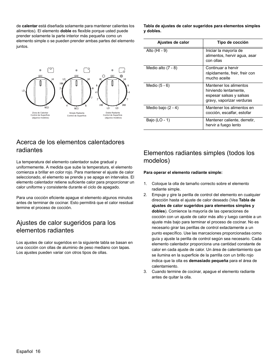 Acerca de los elementos calentadores radiantes, Elementos radiantes simples (todos los modelos) | Bosch HES3053U User Manual | Page 84 / 100