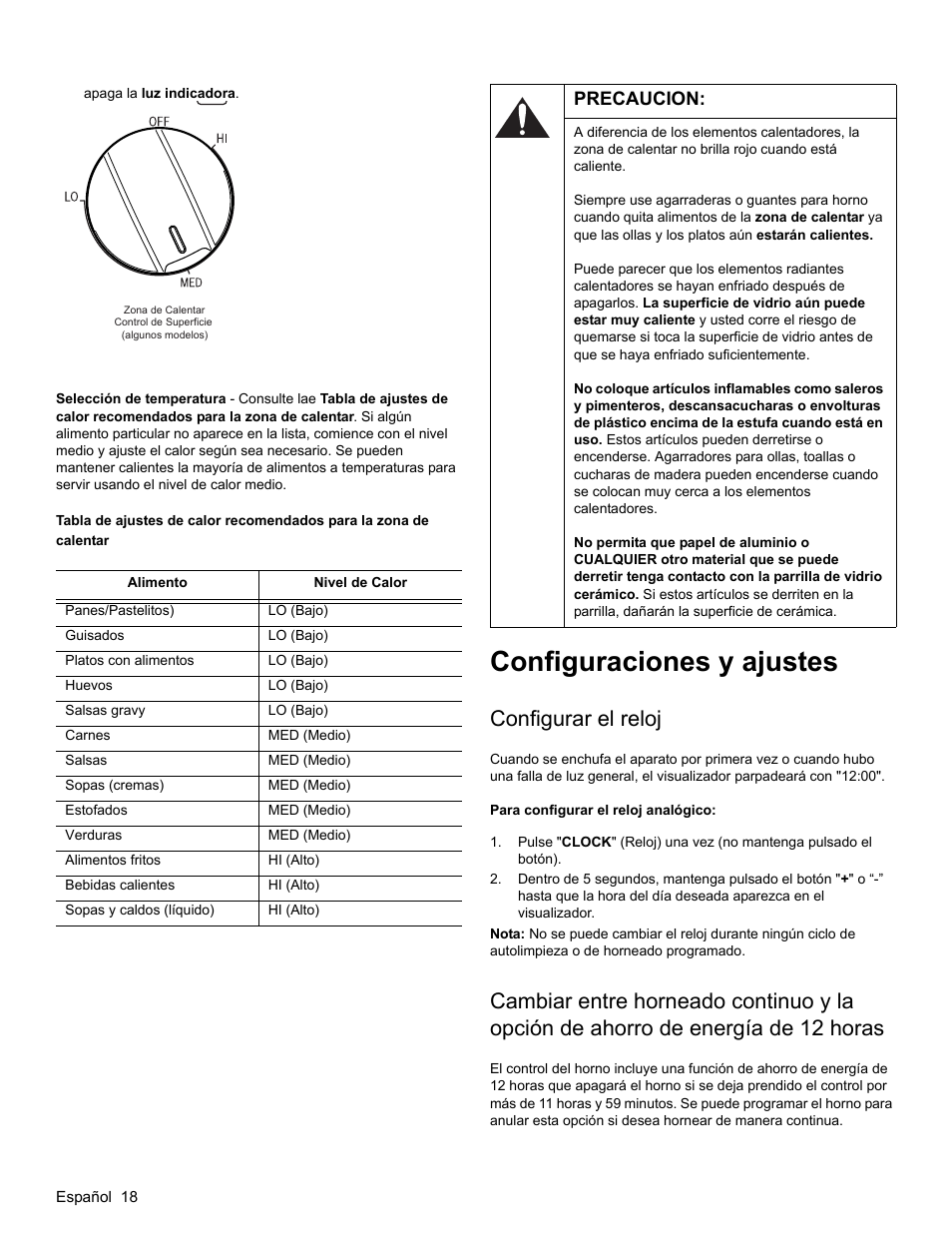 Precaucion, Configurar el reloj, Para configurar el reloj analógico | Configuraciones y ajustes | Bosch HES3053U User Manual | Page 86 / 100