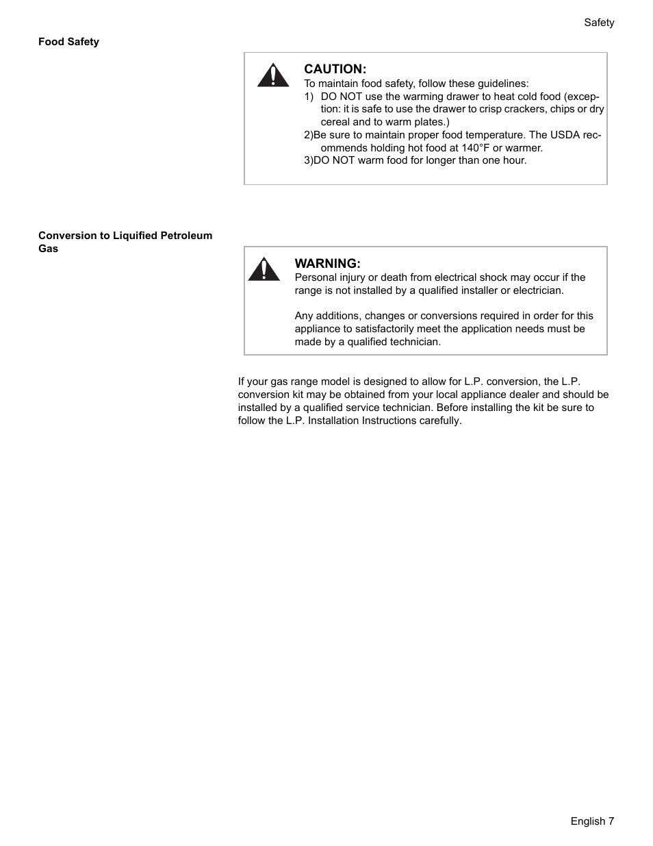 Food safety, 3) do not warm food for longer than one hour, Conversion to liquified petroleum gas | Bosch HDS7052U User Manual | Page 11 / 60