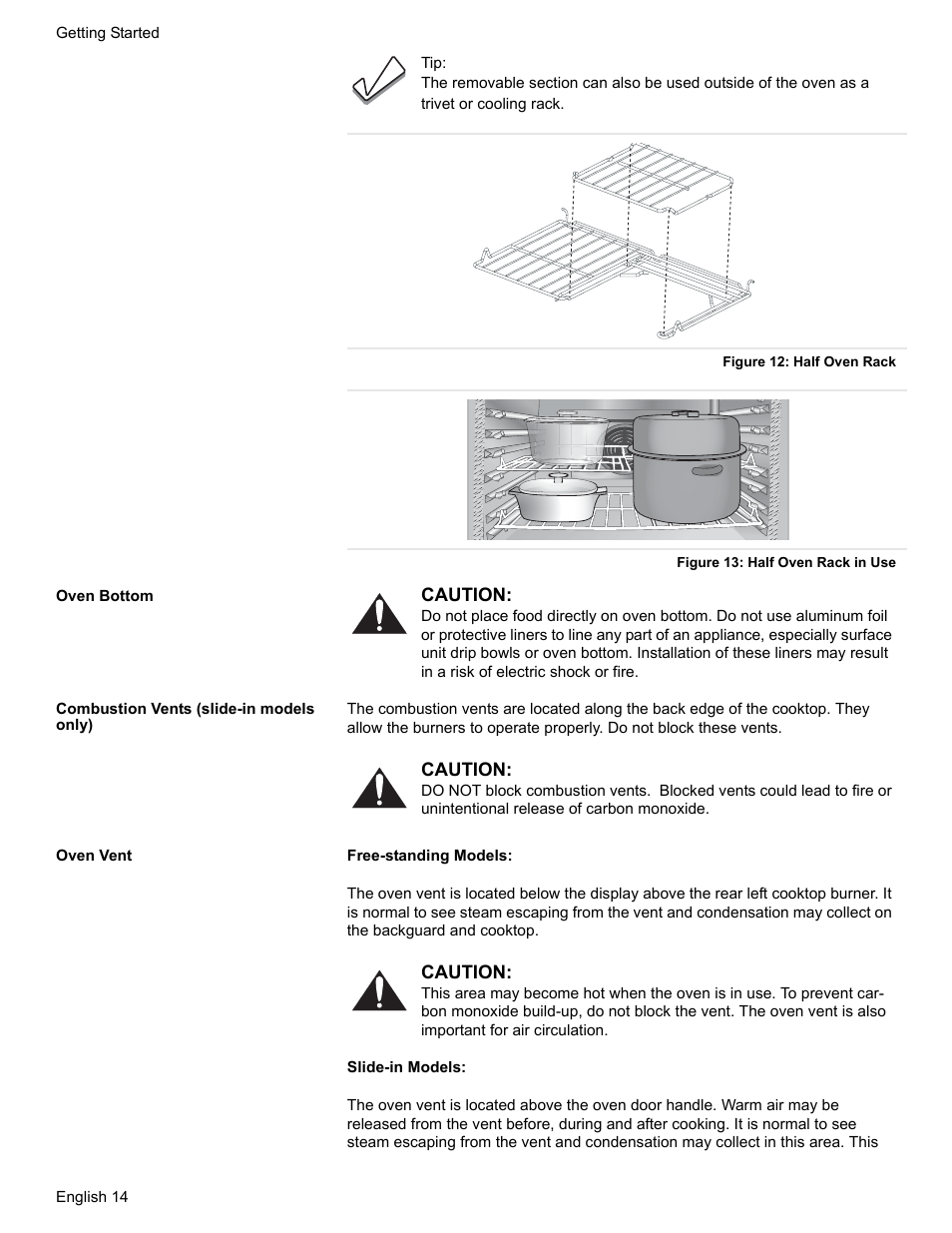 Figure 12: half oven rack, Figure 13: half oven rack in use, Oven bottom | Combustion vents (slide-in models only), Oven vent | Bosch HDS7052U User Manual | Page 18 / 60