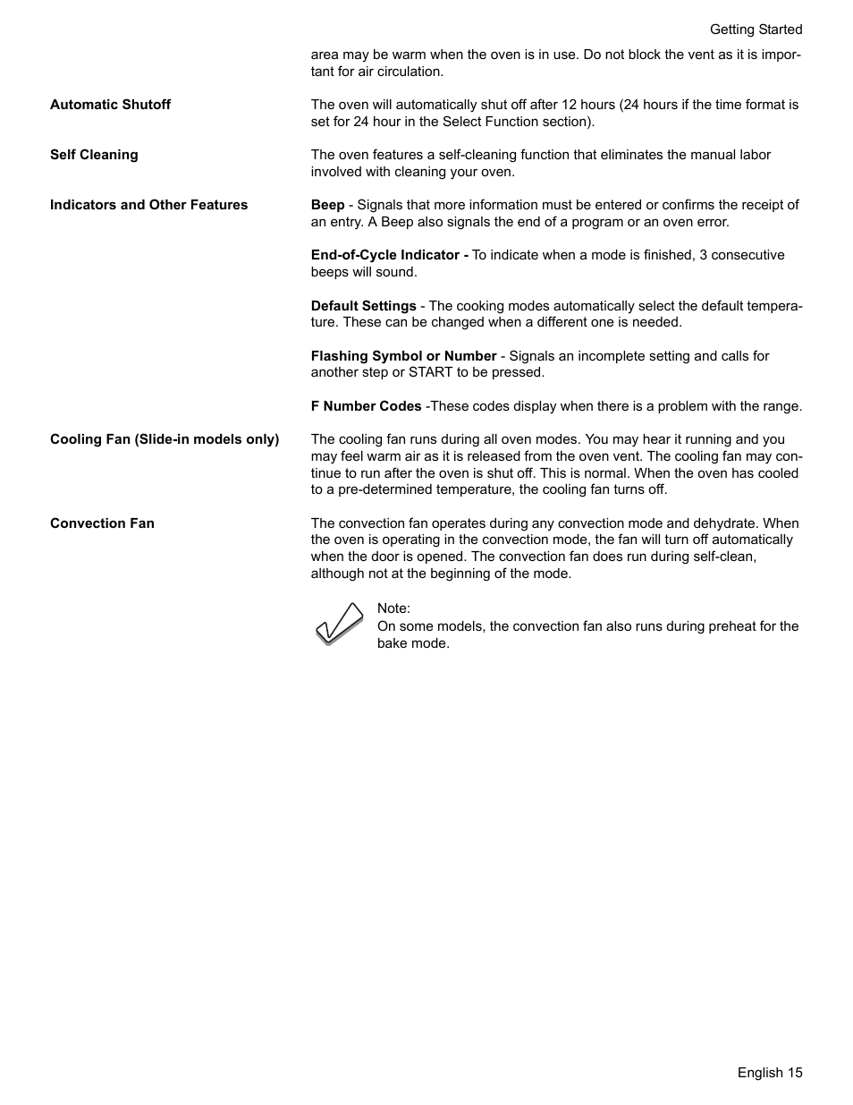 Automatic shutoff, Self cleaning, Indicators and other features | Cooling fan (slide-in models only), Convection fan | Bosch HDS7052U User Manual | Page 19 / 60