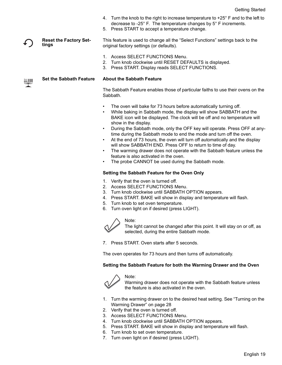 Press start to accept a temperature change, Reset the factory settings, Access select functions menu | Press start. display reads select functions, Set the sabbath feature, Verify that the oven is turned off, Turn knob clockwise until sabbath option appears, Turn knob to set oven temperature, Turn oven light on if desired (press light), Press start. oven starts after 5 seconds | Bosch HDS7052U User Manual | Page 23 / 60