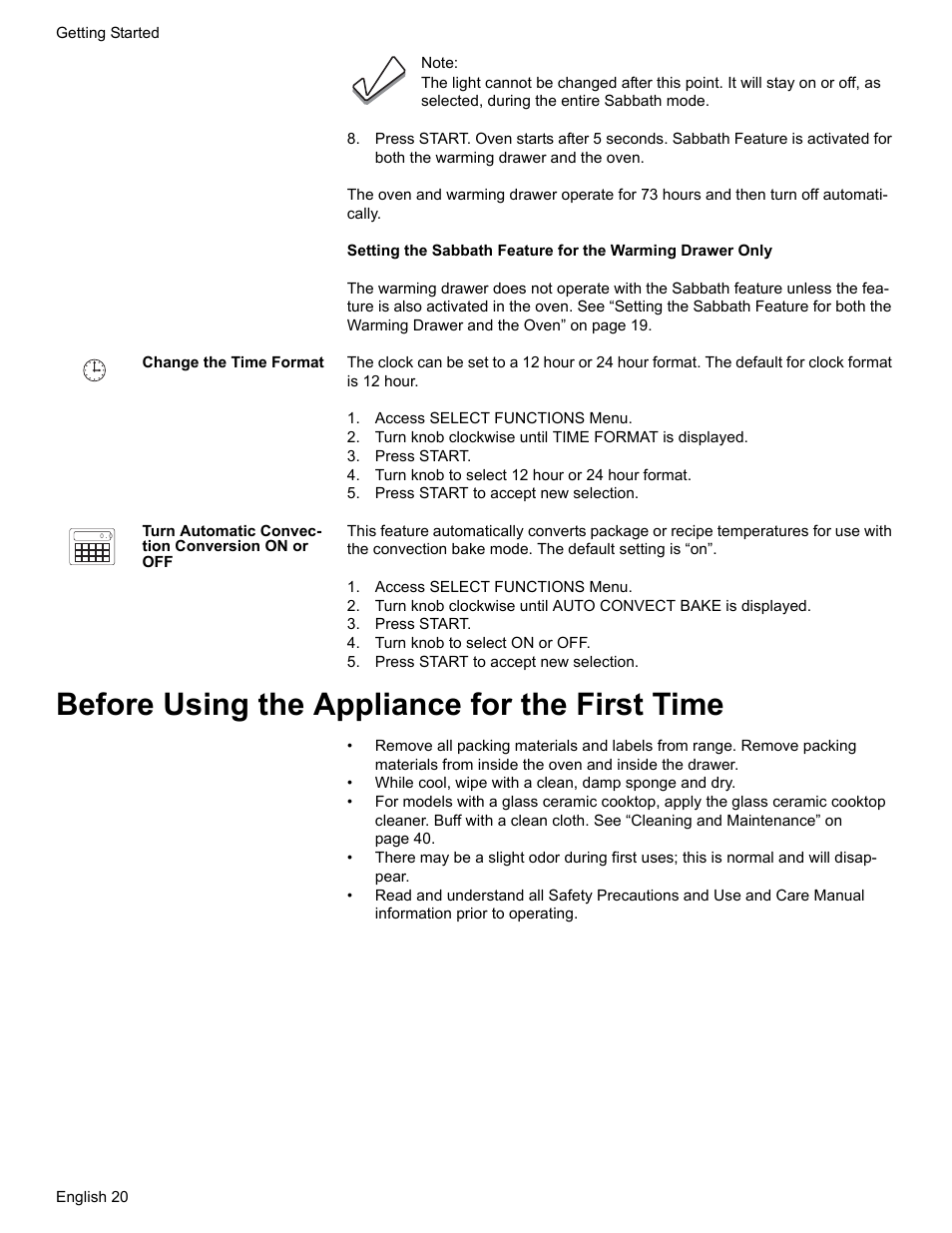 Change the time format, Access select functions menu, Turn knob clockwise until time format is displayed | Press start, Turn knob to select 12 hour or 24 hour format, Press start to accept new selection, Turn automatic convection conversion on or off, Turn knob to select on or off, Before using the appliance for the first time | Bosch HDS7052U User Manual | Page 24 / 60