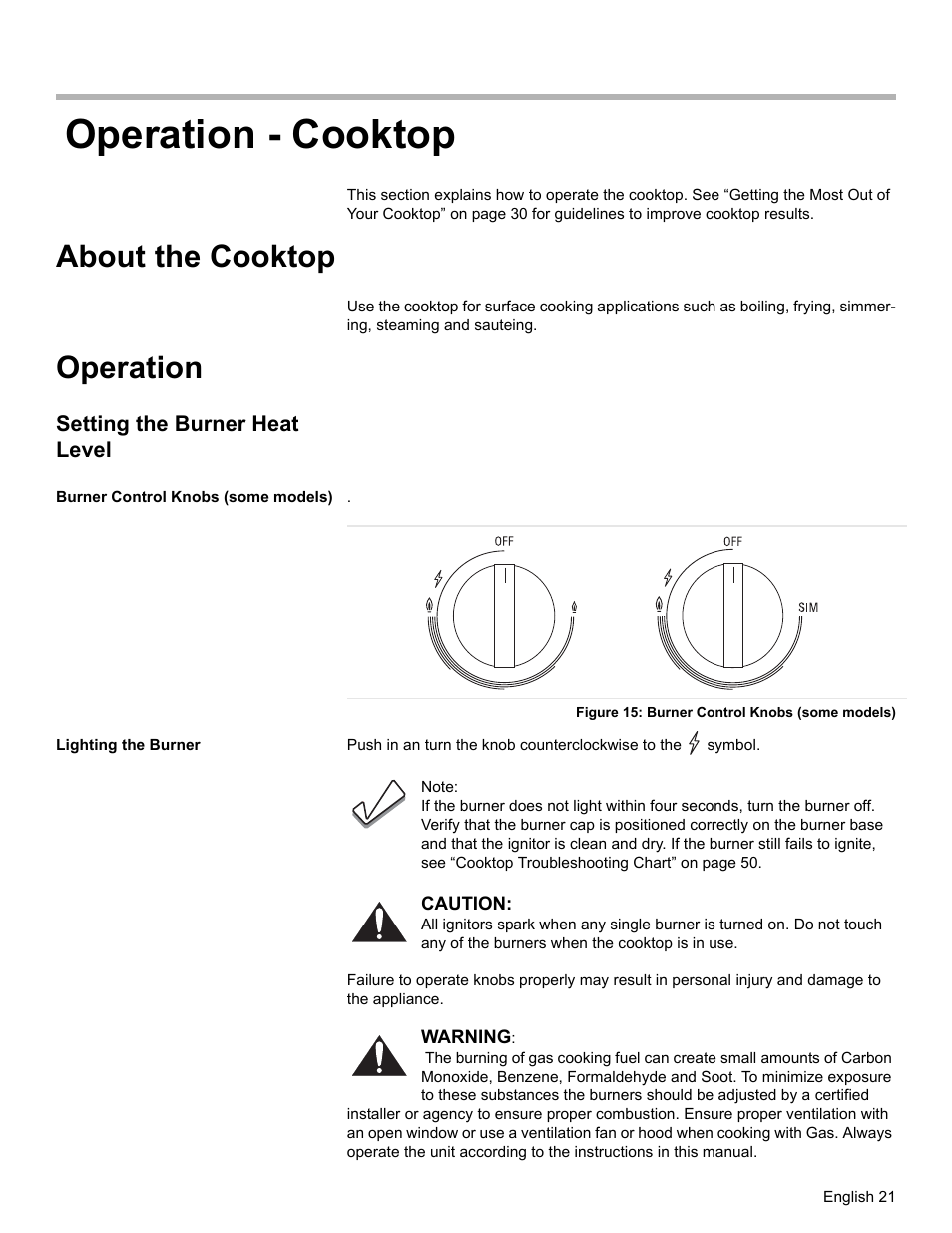 Operation - cooktop, About the cooktop, Operation | Setting the burner heat level, Burner control knobs (some models), Figure 15: burner control knobs (some models), Lighting the burner | Bosch HDS7052U User Manual | Page 25 / 60