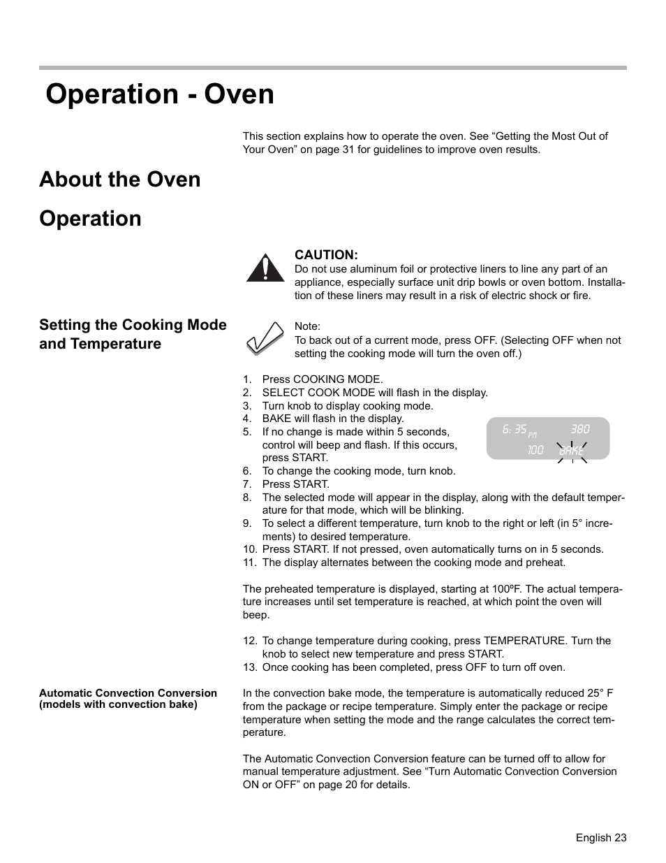 Operation - oven, About the oven, Operation | Setting the cooking mode and temperature, Press cooking mode, Select cook mode will flash in the display, Turn knob to display cooking mode, Bake will flash in the display, Bake, To change the cooking mode, turn knob | Bosch HDS7052U User Manual | Page 27 / 60