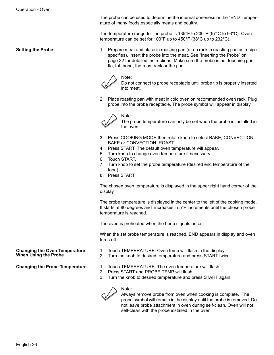 Setting the probe, Turn knob to change oven temperature if necessary, Touch start | Press start, Changing the oven temperature when using the probe, Changing the probe temperature, Touch temperature. the oven temperature will flash, Press start and probe temp will flash | Bosch HDS7052U User Manual | Page 30 / 60