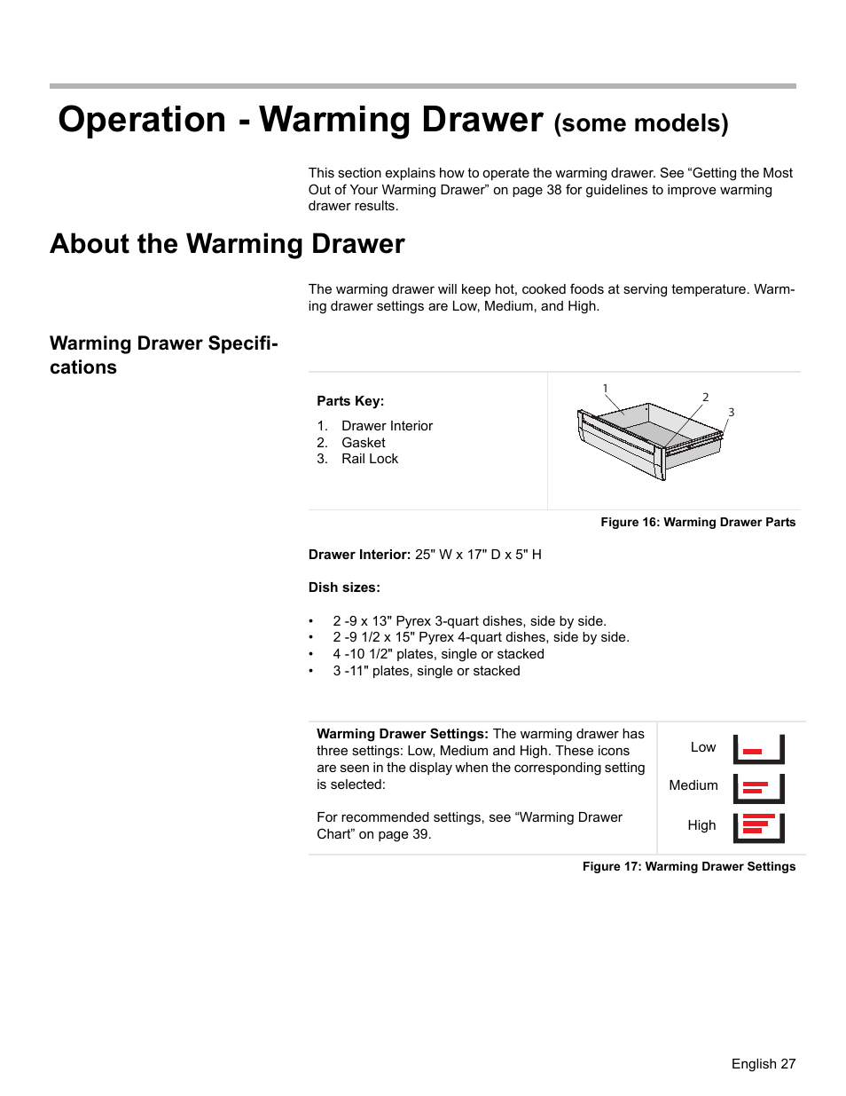 Operation - warming drawer (some models), About the warming drawer, Warming drawer specifications | Drawer interior, Gasket, Rail lock, Figure 16: warming drawer parts, Figure 17: warming drawer settings, Operation - warming drawer, Some models) | Bosch HDS7052U User Manual | Page 31 / 60