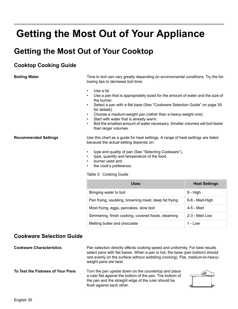 Getting the most out of your appliance, Getting the most out of your cooktop, Cooktop cooking guide | Boiling water, Recommended settings, Table 3: cooking guide, Cookware selection guide, Cookware characteristics, To test the flatness of your pans | Bosch HDS7052U User Manual | Page 34 / 60